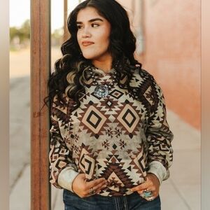 Western Brown Vintage Aztec Printed Drawstring Hoodie